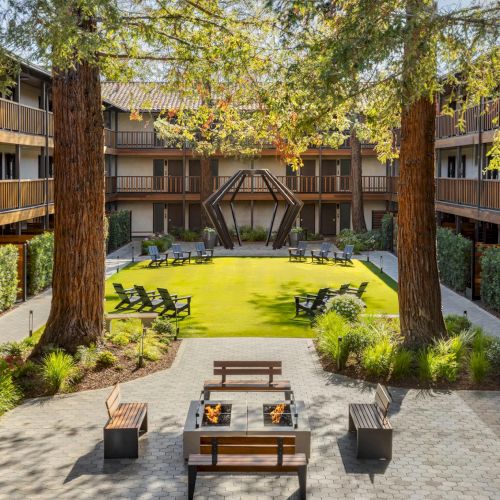 A peaceful wooden deck overlooks a lush backyard garden with a warm yellow chair, vibrant plants, and a rustic fence, basking in soft sunlight.
